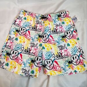 WXYZ Swim Trunks BOYS Size L White Graffiti Print Bathing Suit Mushrooms Smiley
